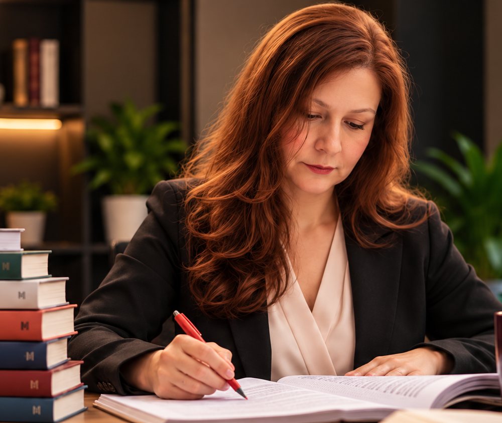 Daniela trabalhando na revisão de um livro