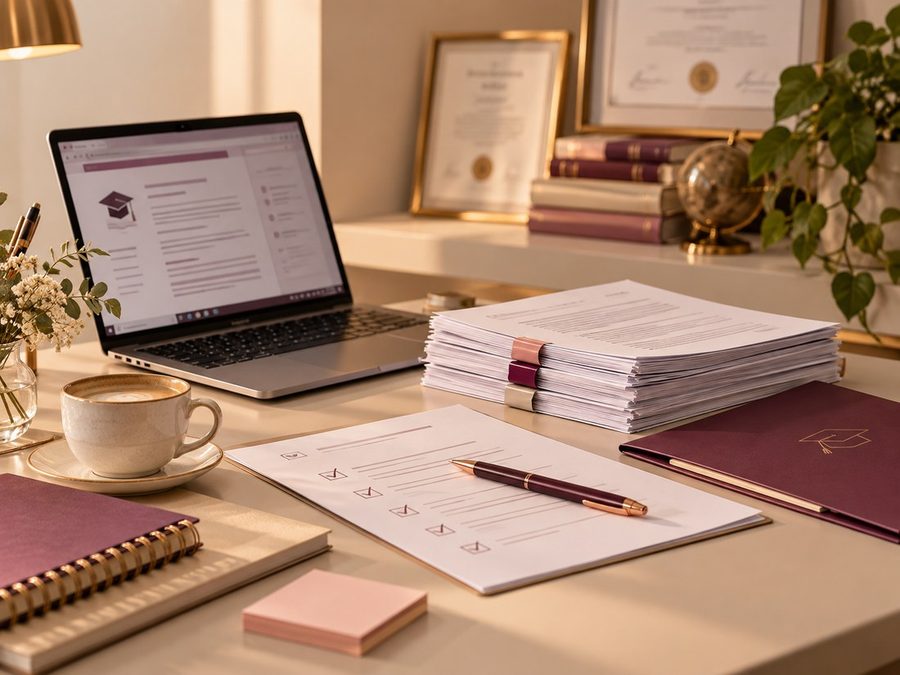 Mesa de trabalho com notebook, documentos e materiais acadêmicos